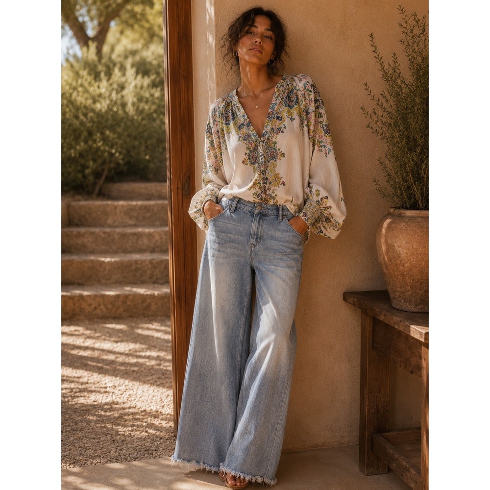 Risen Los Angeles High Rise Wide Leg Raw Hem Jeans Light Wash RDP1025 Size 26 3